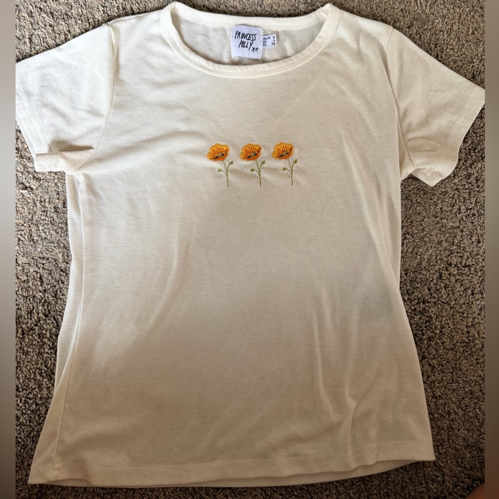 Princess Polly Cream Tee with Orange Floral Stitching